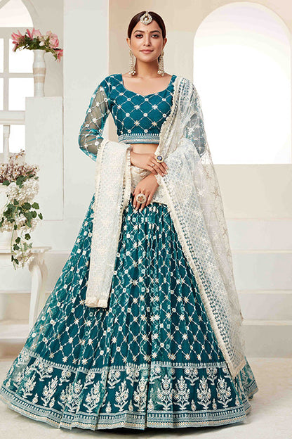 Teal Green Colour Net Designer Lehenga Choli