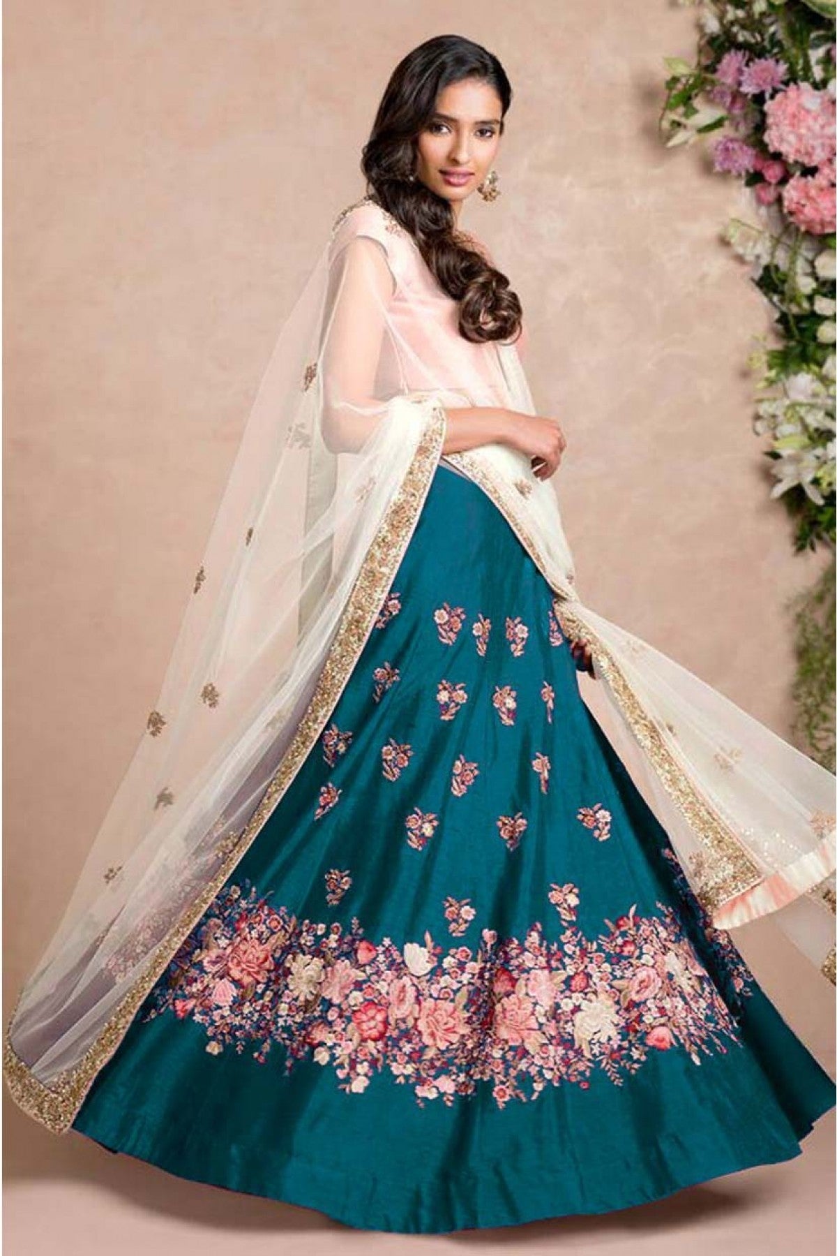 Teal and Blue Colour Banglori Silk Lehenga Choli