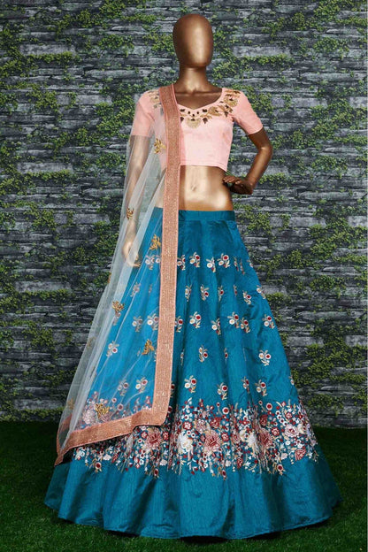 Teal and Blue Colour Banglori Silk Lehenga Choli