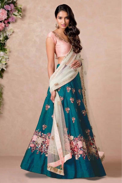 Teal and Blue Colour Banglori Silk Lehenga Choli