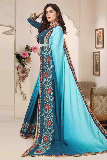 Teal and Blue Colour Dola Silk Designer Saree