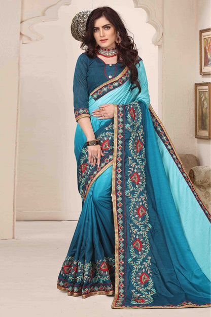 Teal and Blue Colour Dola Silk Designer Saree