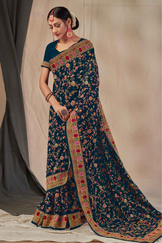 Teal and Blue Colour Georgette Embroidery Saree