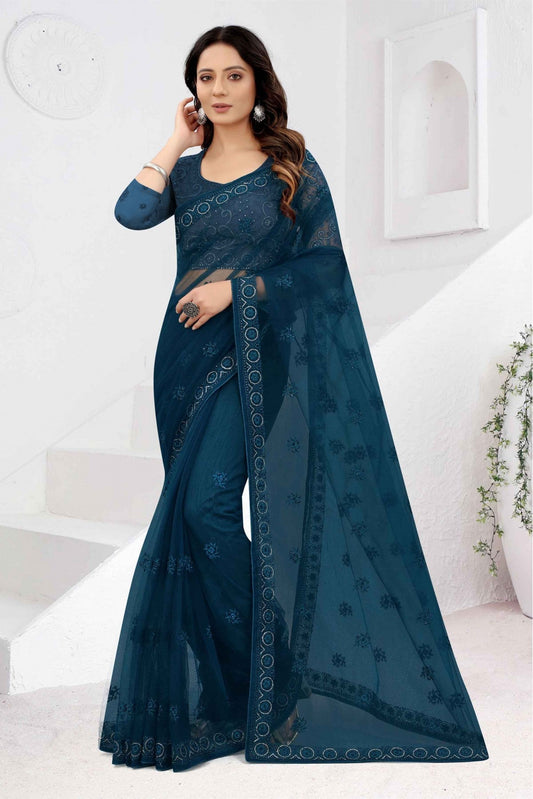 Teal and Blue Colour Net Embroidery Saree