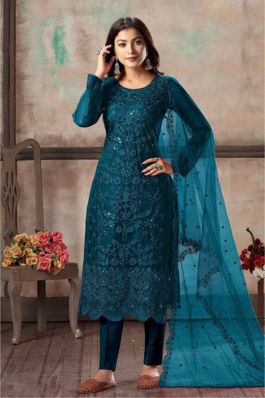 Teal and Blue Colour Net Pant Style Suit