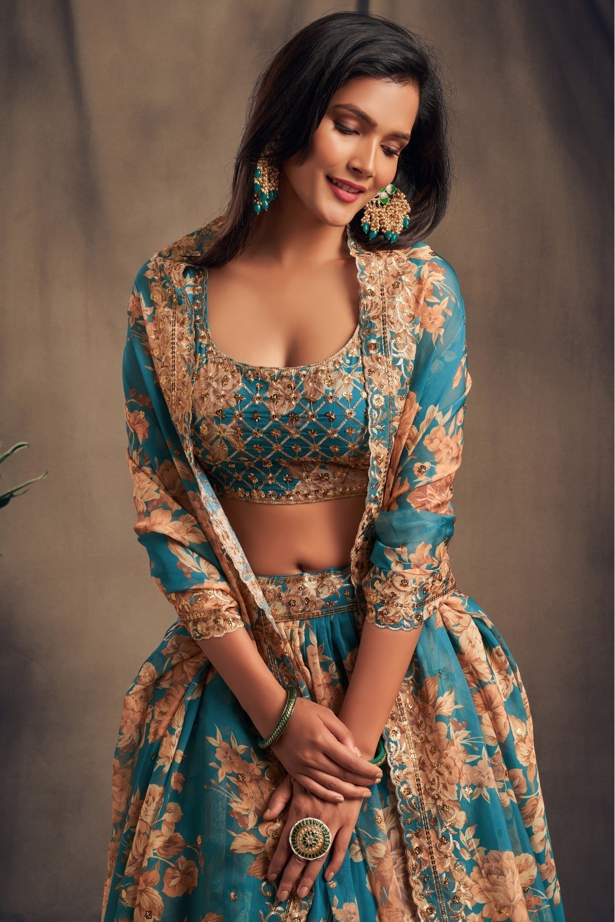 Teal and Blue Colour Organza Lehenga Choli