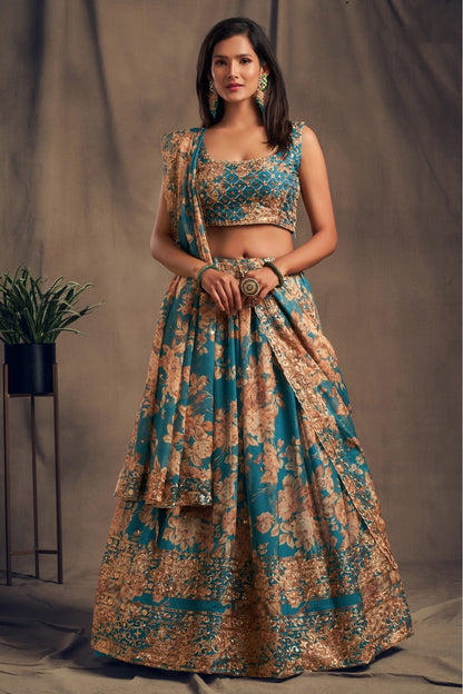 Teal and Blue Colour Organza Lehenga Choli