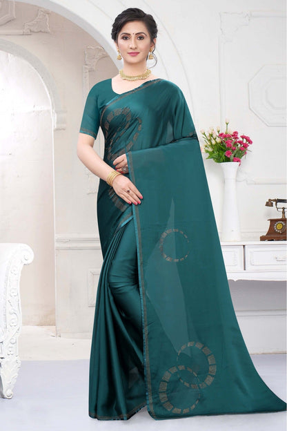 Teal and Blue Colour Satin Designer Saree