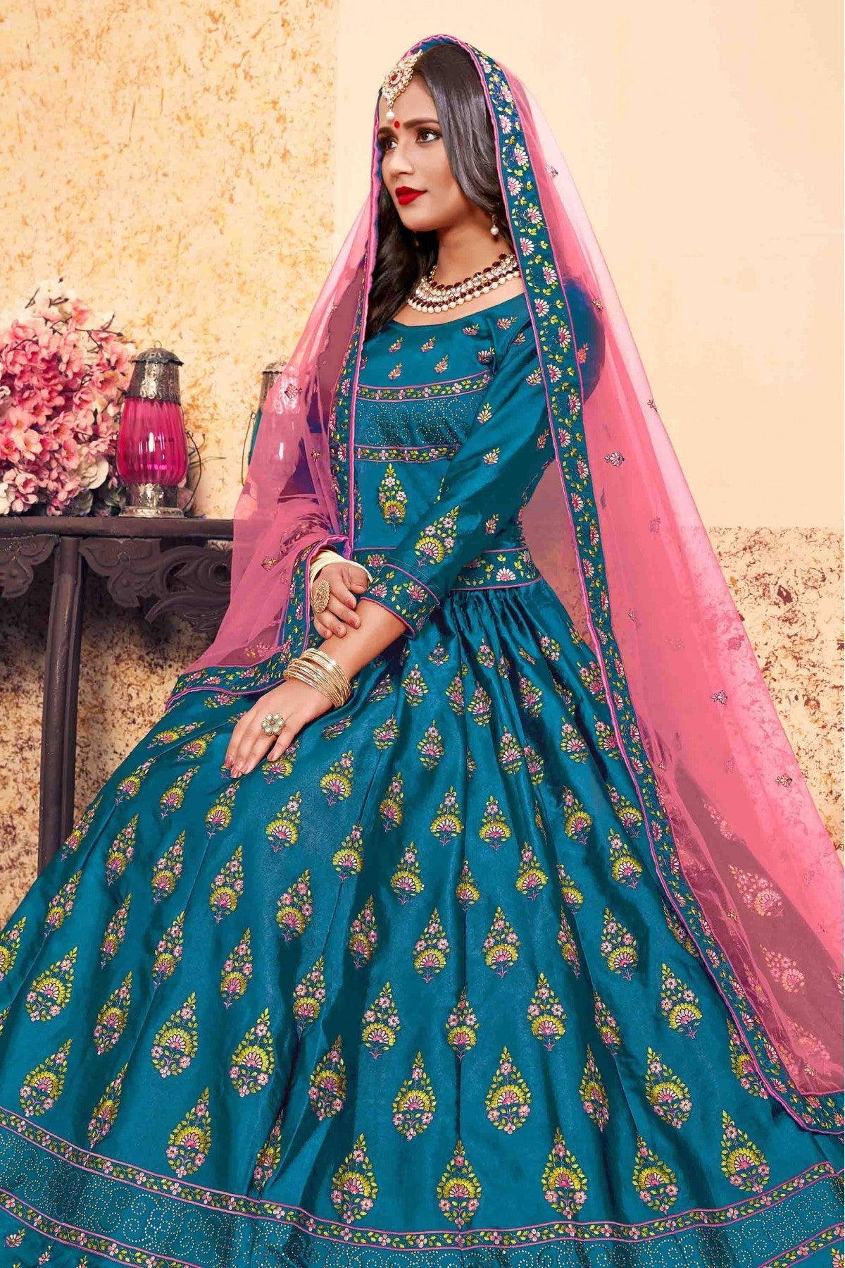 Teal and Blue Colour Satin Embroidery Lehenga Choli