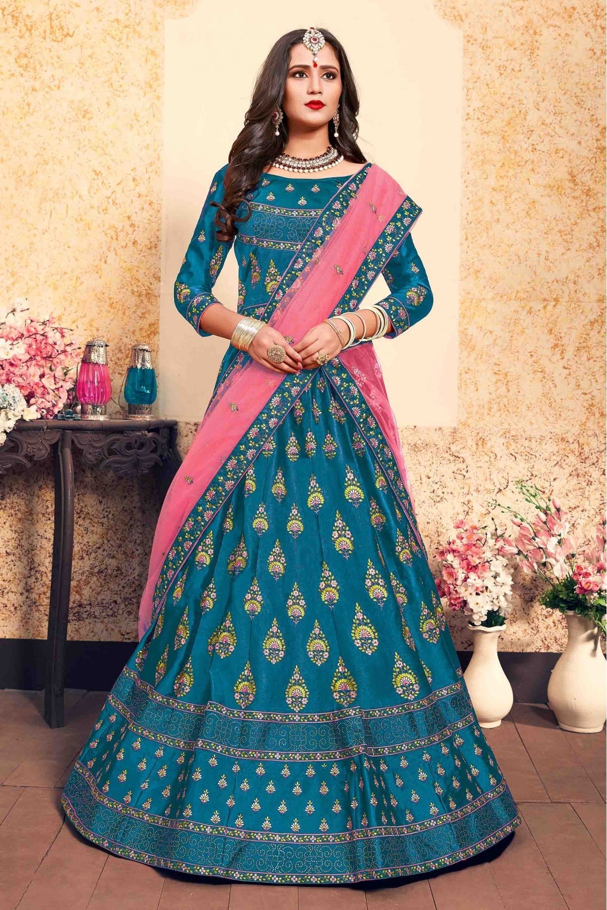 Teal and Blue Colour Satin Embroidery Lehenga Choli