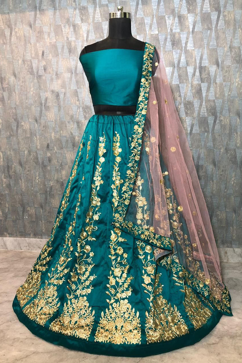 Teal and Blue Colour Taffeta Silk Lehenga Choli