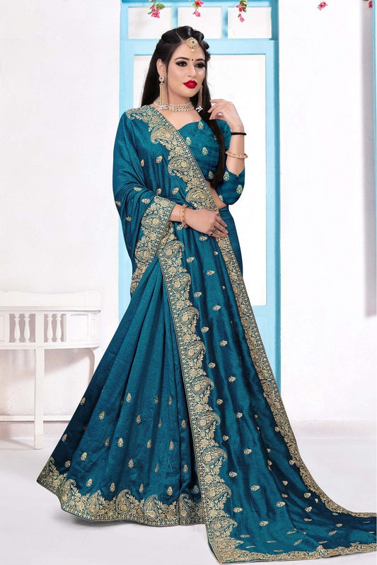 Teal and Blue Colour Vichitra Silk Embroidery Saree