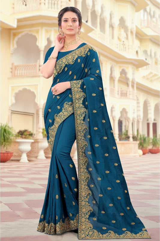 Teal and Blue Colour Vichitra Silk Embroidery Saree