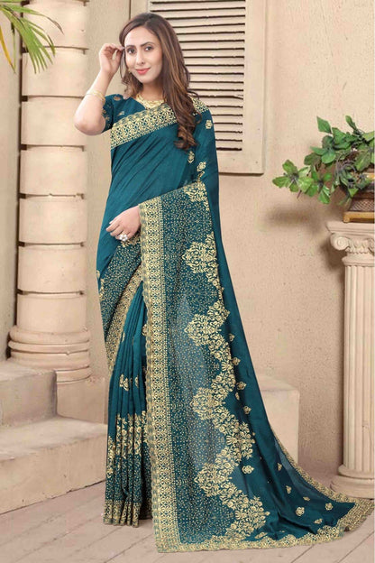 Teal and Blue Colour Vichitra Silk Embroidery Saree