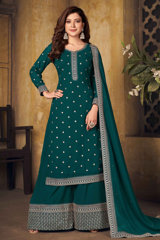 Teal and Green Colour Faux Georgette Embroidery Palazzo Pant Suit