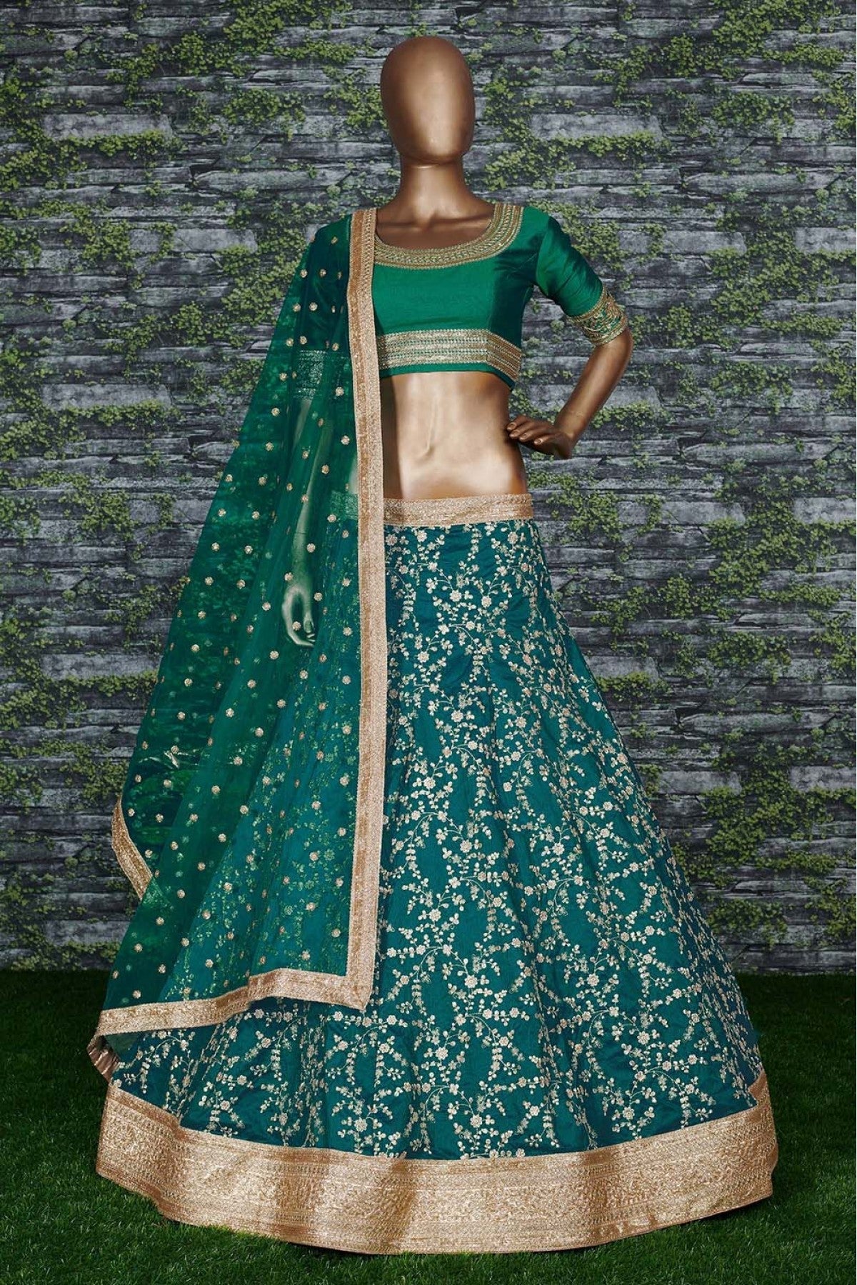 Teal and Green Colour Mulberry Silk Lehenga Choli