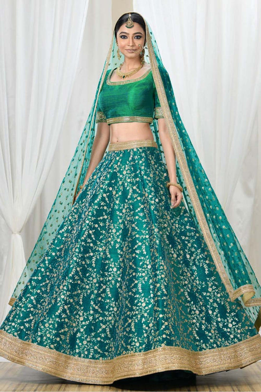 Teal and Green Colour Mulberry Silk Lehenga Choli