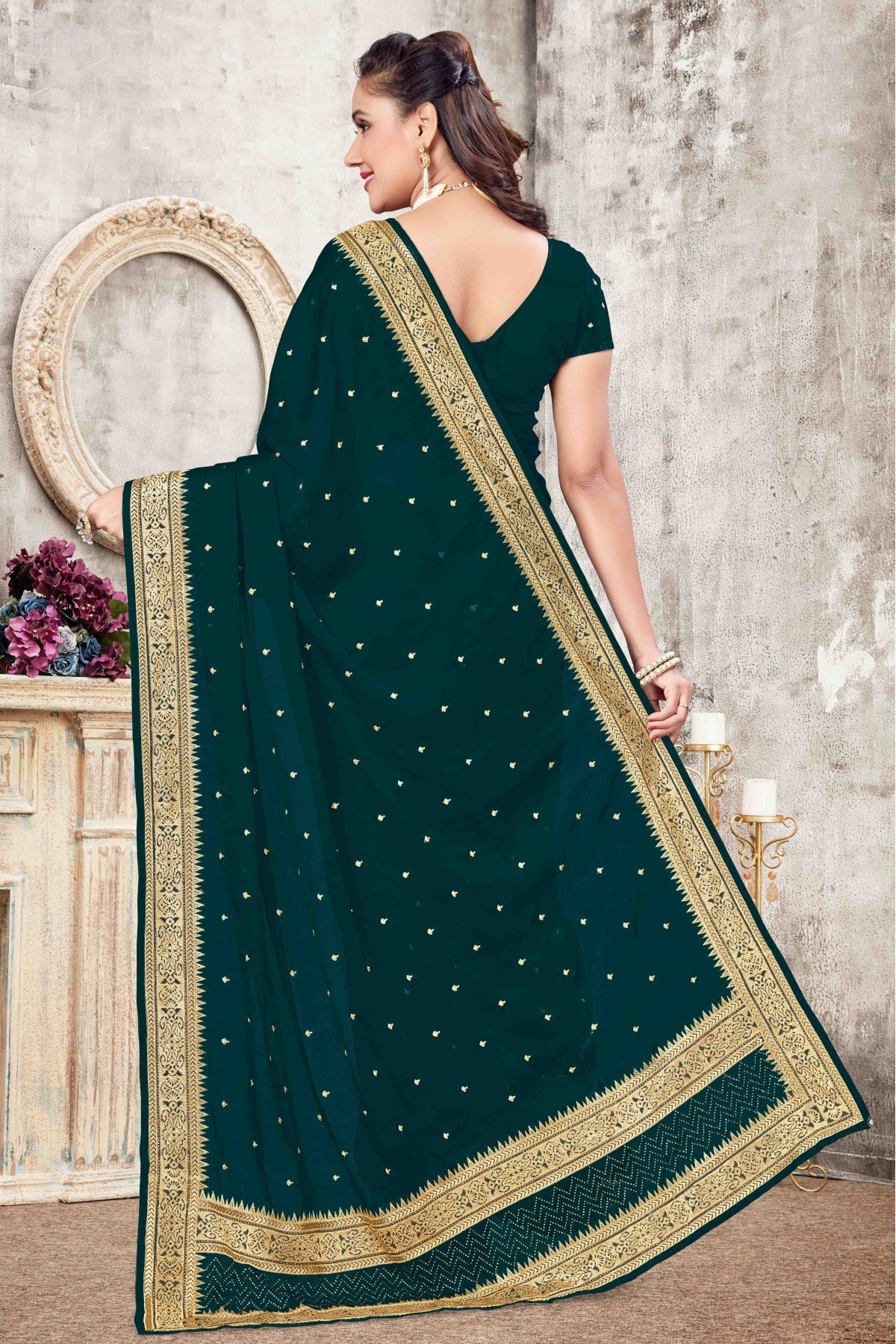 Teal and Green Colour Rangoli Silk Designer Saree