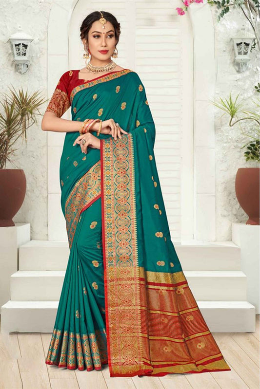 Teal and Green Colour Silk Woven Saree