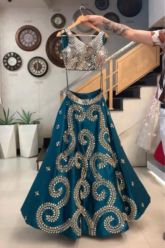 Teal and Green Colour Taffeta Silk Lehenga Choli