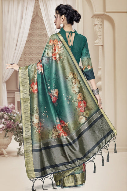 Teal and Green Colour Tussar Silk Printed Saree