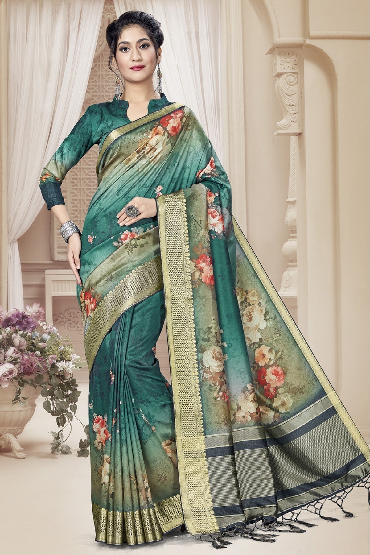 Teal and Green Colour Tussar Silk Printed Saree