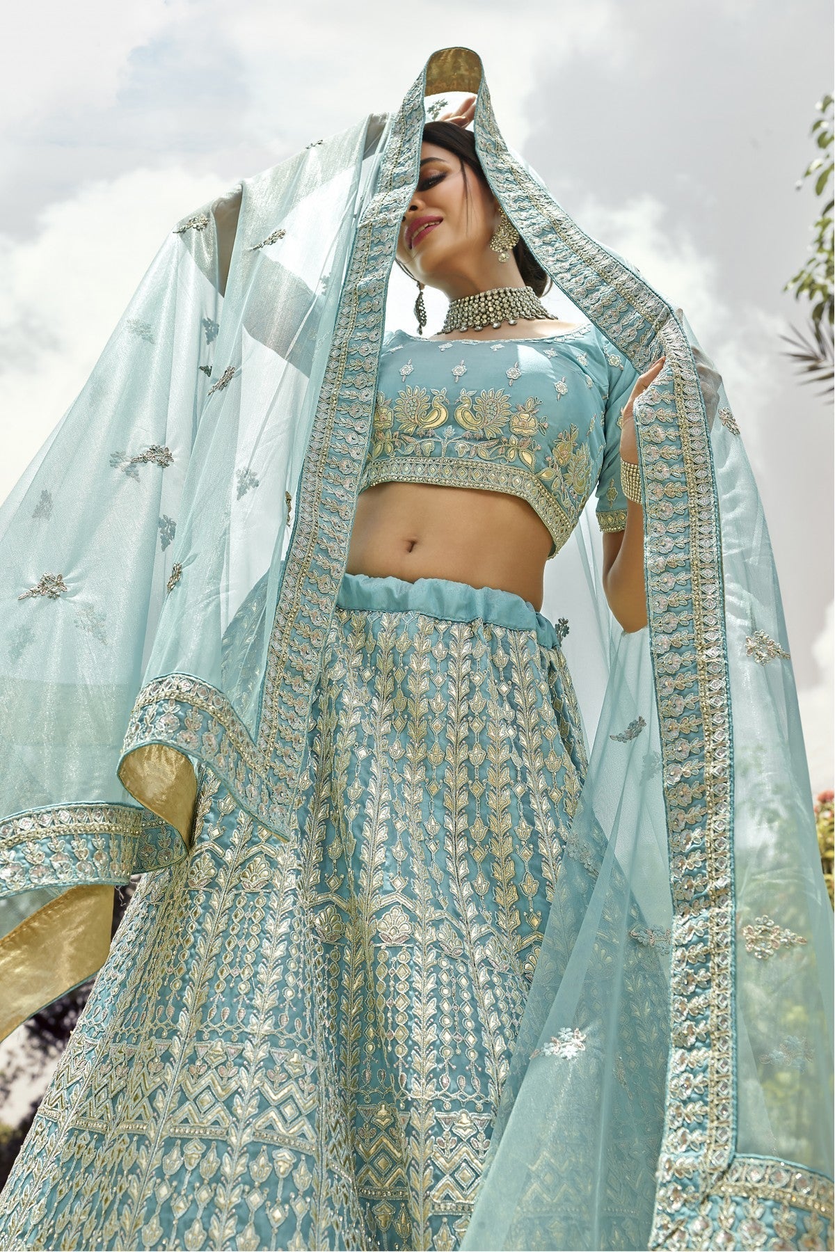 Turquoise and Blue Colour Organza Embroidery Bridal Lehenga Choli