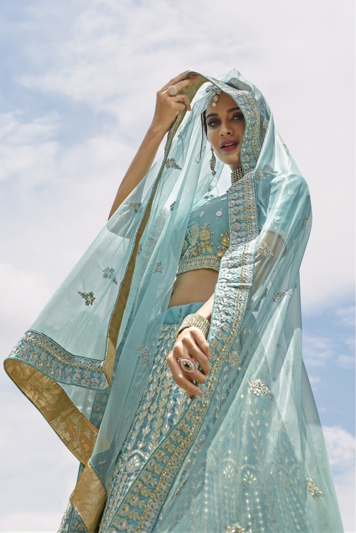 Turquoise and Blue Colour Organza Embroidery Bridal Lehenga Choli