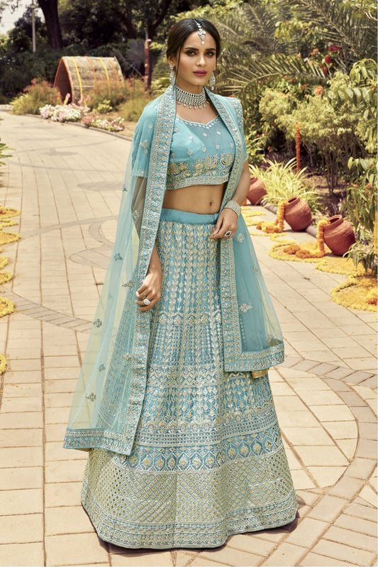 Turquoise and Blue Colour Organza Embroidery Bridal Lehenga Choli