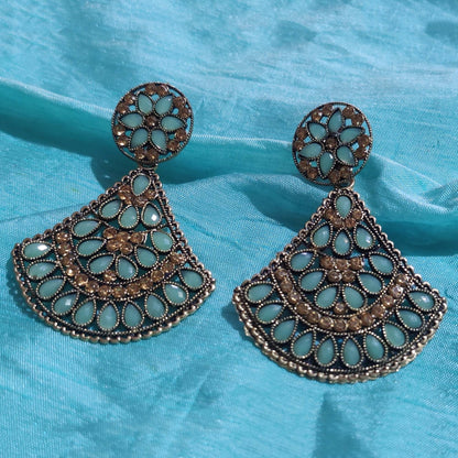 Vastradi Alloy Crystal Fan Stone Work Earring in Aqua Blue Colour