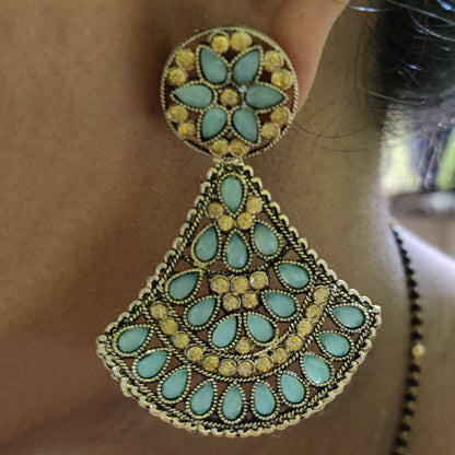 Vastradi Alloy Crystal Fan Stone Work Earring in Aqua Blue Colour