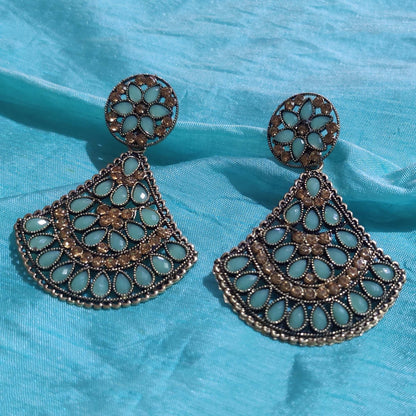 Vastradi Alloy Crystal Fan Stone Work Earring in Aqua Blue Colour