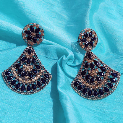 Vastradi Alloy Crystal Fan Stone Work Earring in Black Colour