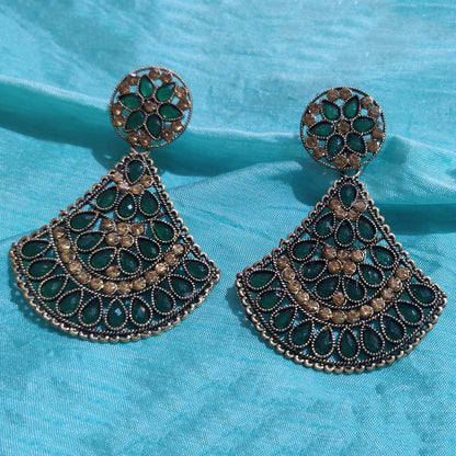 Vastradi Alloy Crystal Fan Stone Work Earring in Green Colour