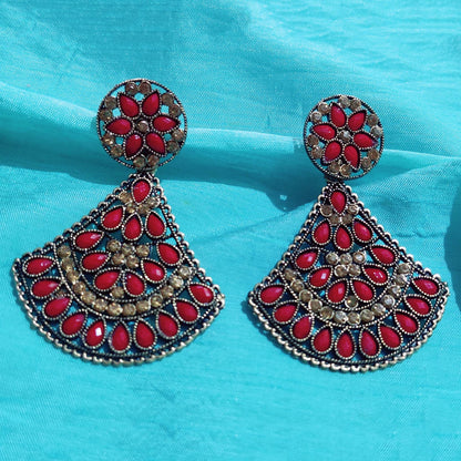 Vastradi Alloy Crystal Fan Stone Work Earring in Red Colour