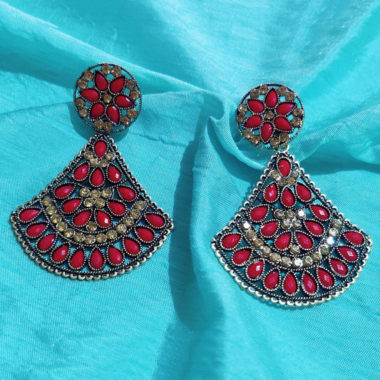 Vastradi Alloy Crystal Fan Stone Work Earring in Red Colour