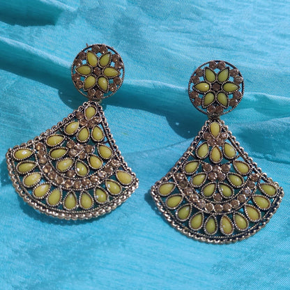 Vastradi Alloy Crystal Fan Stone Work Earring in Yellow Colour