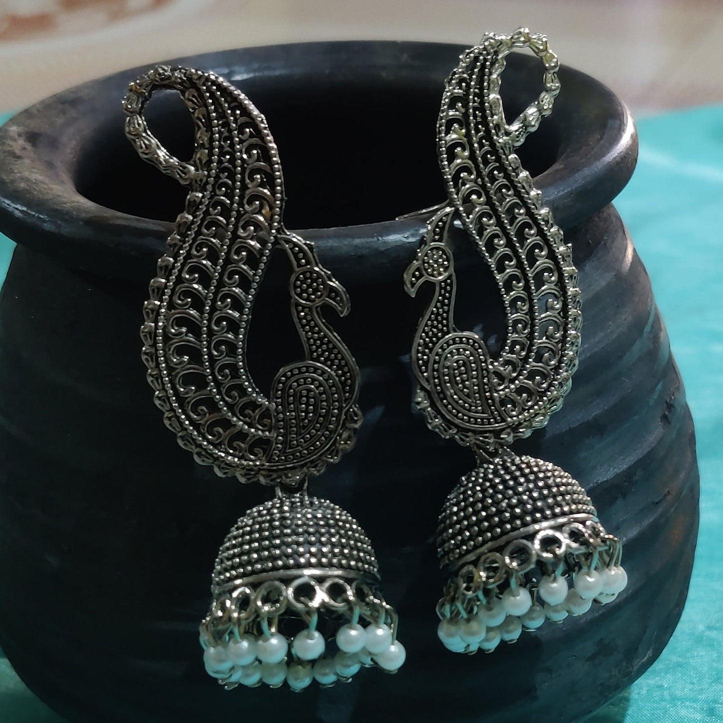 Vastradi Alloy Exclusive Traditional Jhumka in Sliver and White Colour