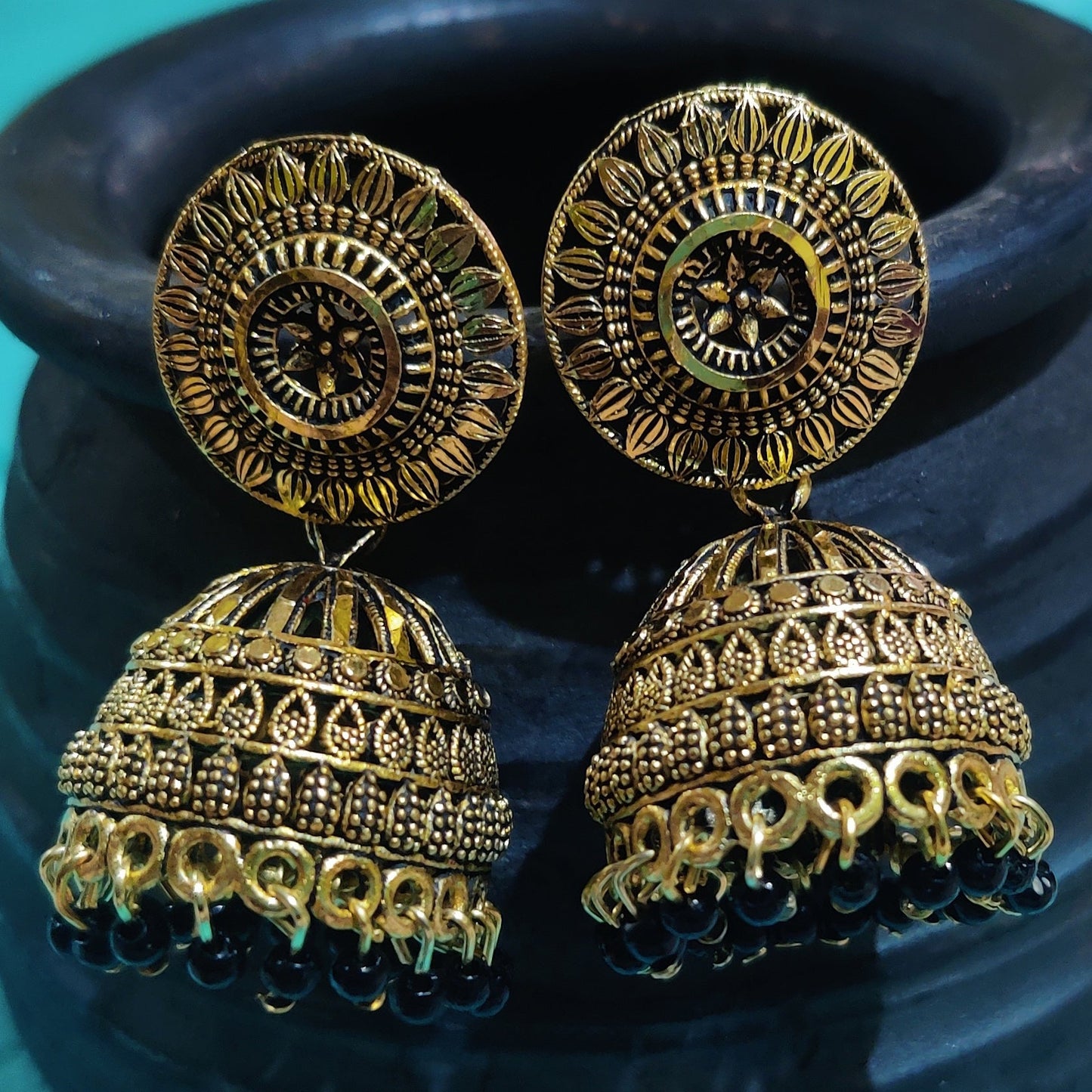 Vastradi Alloy Golden Traditional Jhumka in Black Colour