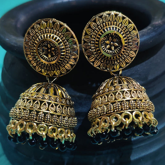 Vastradi Alloy Golden Traditional Jhumka in Black Colour