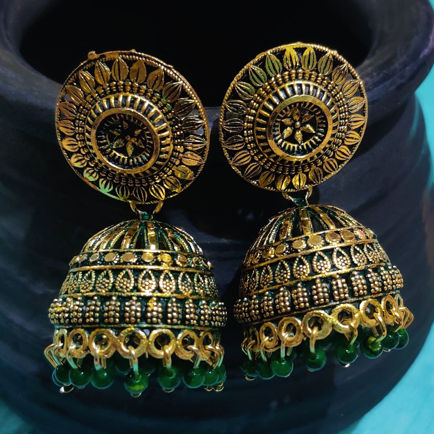 Vastradi Alloy Golden Traditional Jhumka in Green Colour