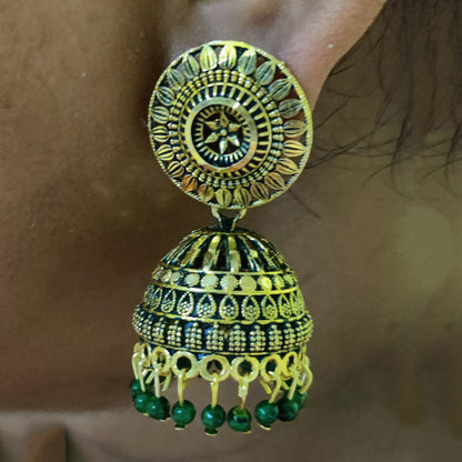 Vastradi Alloy Golden Traditional Jhumka in Green Colour