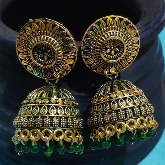 Vastradi Alloy Golden Traditional Jhumka in Green Colour