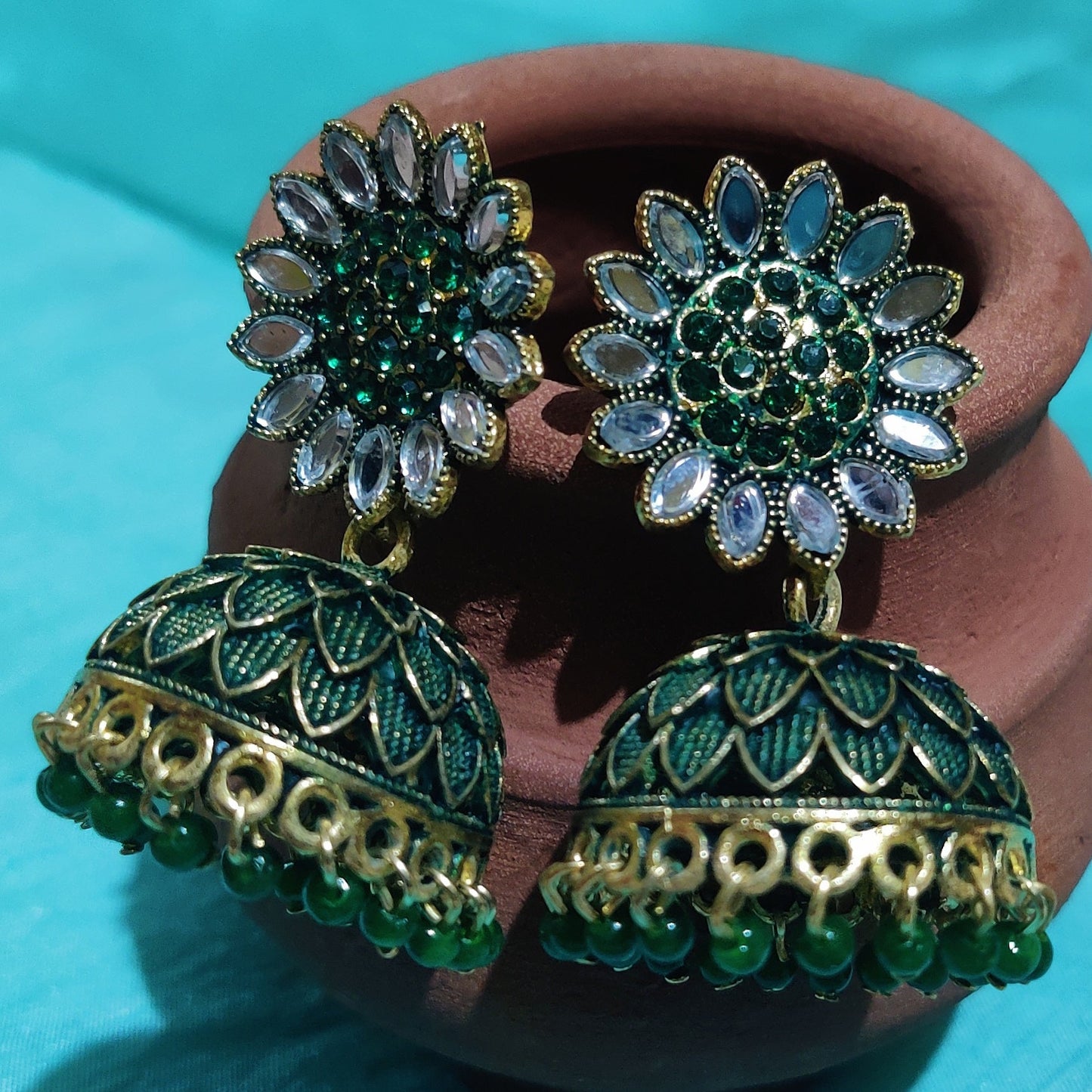 Vastradi Alloy Golden Traditional Jhumka in Green Colour