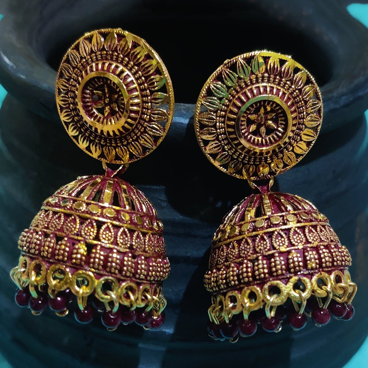 Vastradi Alloy Golden Traditional Jhumka in Maroon Colour