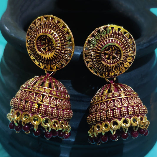 Vastradi Alloy Golden Traditional Jhumka in Maroon Colour