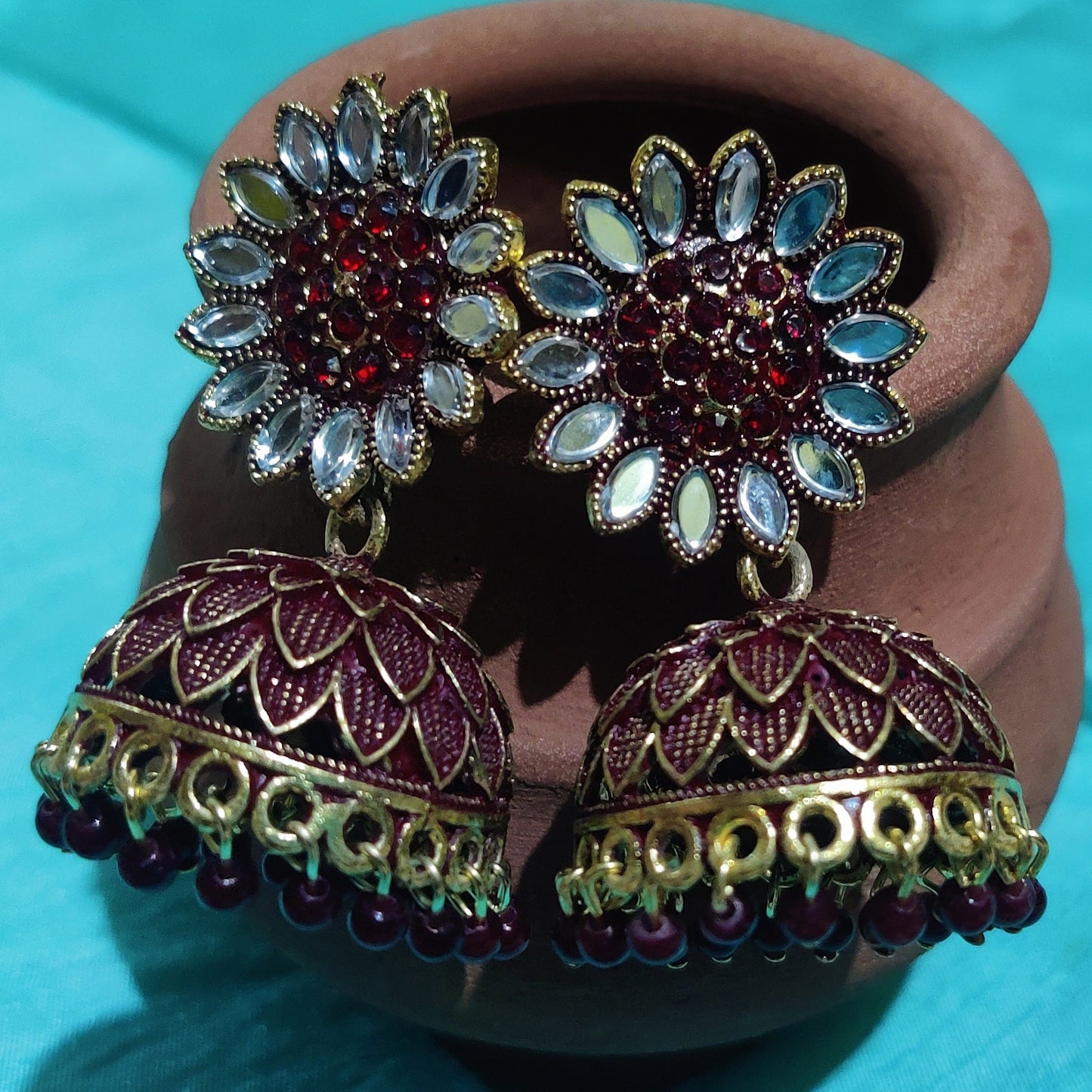 Vastradi Alloy Golden Traditional Jhumka in Maroon Colour