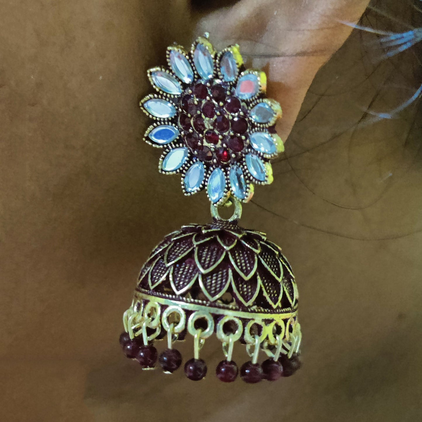 Vastradi Alloy Golden Traditional Jhumka in Maroon Colour