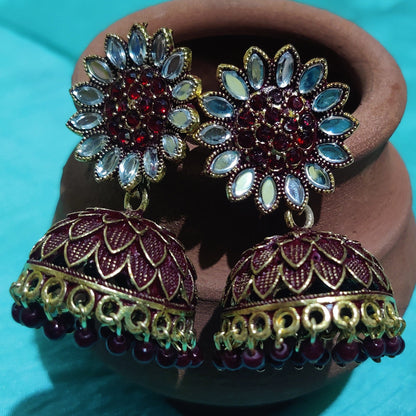 Vastradi Alloy Golden Traditional Jhumka in Maroon Colour