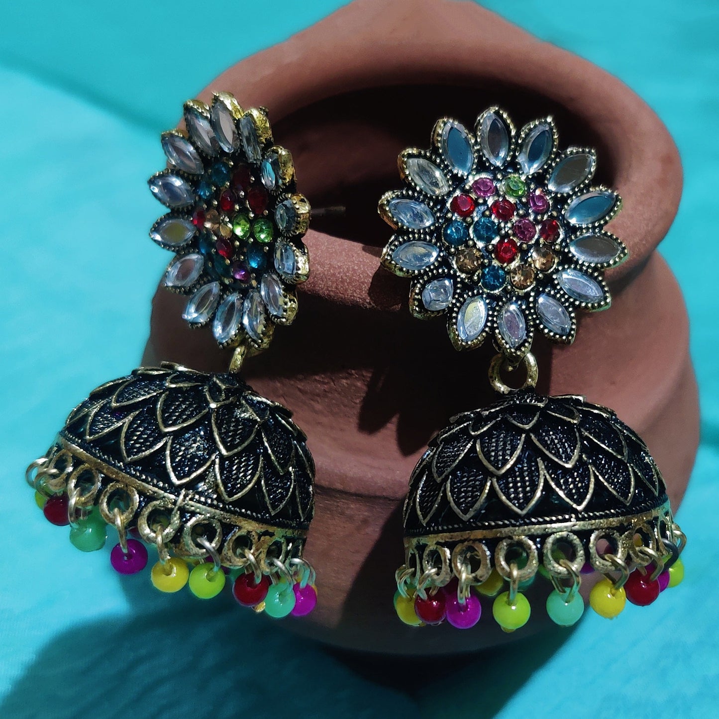 Vastradi Alloy Golden Traditional Jhumka in Multicolour